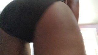 Ebony babe teases big but in sexy black panties 