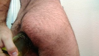3.5" wide bottle in ass: bizarre male anal insertion gape close up