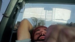 sexy dadbod with beard masturbating in public parking lot 