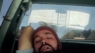 sexy dadbod with beard masturbating in public parking lot 