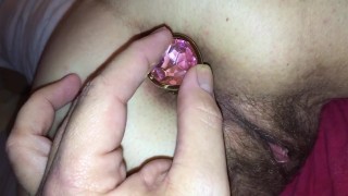 Mature anal play with butt plug