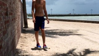 18 year old highschool jock having fun flashing his dick at the beach.