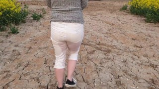 Alice wetting her pee stained white jeans in nature (from our compilation)