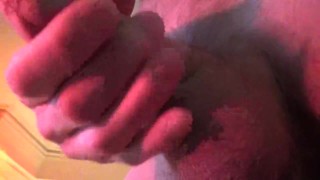Close up cock view of guy jacking off watching Porn, with hot Cumshot!