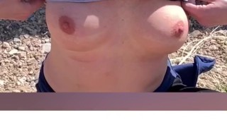 Hotwife flashing tits outside 