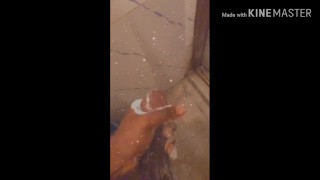 Stroking long fat cock on my bathroom floor