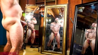 ALPHA MUSCLE BULL FLEXING, STROKING HIS COCK IN FRONT OF MIRRORS