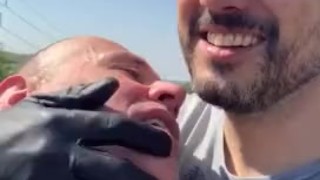 Surprising my boy with some spontaneous outdoor gloved breath control