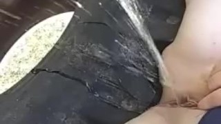 Peeing off a tractor tire