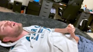 Gaymer Jerks Off in Game Room and Licks His Own Cum