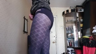 Solo Crossdresser jerking Big Cock during work. Handjob Boy on Panties