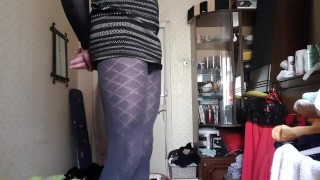  Boy Jerking Big Cock during work. Handjob Crossdresser on Lingerie.