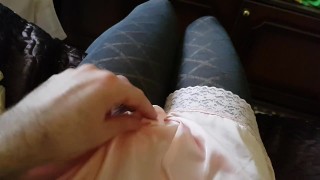 Sexy Panties Crossdresser Jerking Teen Boy and Cumshot. Solo Male Big Cock.