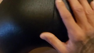 Cumming over petite babes sexy ass in shiny black spandex leggings!
