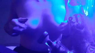 Stoner Babe Smokes Bong and Plays with Tits in Grow Room