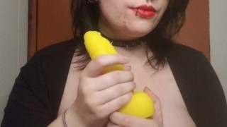 Goth does lipstick play with a dragon dildo