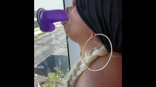 Ebony step sister caught practicing sloppy deepthroat on dildo