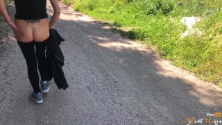 Slutty wife flashing and touching boobs, ass and pussy during a walk