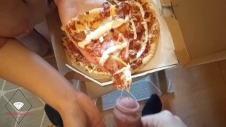 Milf eats cum on pizza
