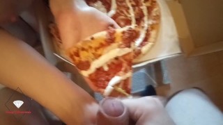 Milf eats cum on pizza
