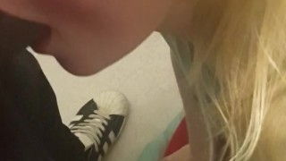 Blond teen face fucked on knees in bedroom