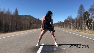 milf makes a big jet on the road
