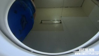 Stepmom peeing long inside toilet bowl
