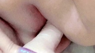 Teen stretching little pussy with big dildo
