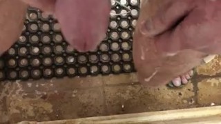urethral plug at public shower, phone cable in bladder, pee and cum