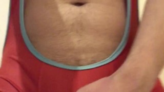 FETISH GEAR: WRESTLING SINGLET BULGE ** Ball Stretcher ON **