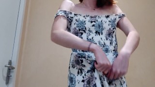 Horny French Red Head Teasing Ass & Feet in Public Bathroom