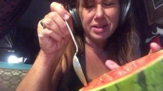 Busty cougar enjoys quarantine squirt eating melon mukbang vegetable cucumber food insertion