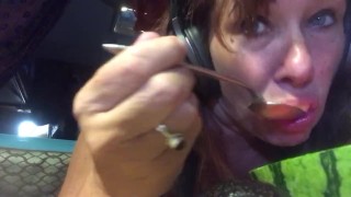 Busty cougar enjoys quarantine squirt eating melon mukbang vegetable cucumber food insertion
