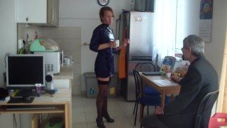 Young russian mistress humiliates and fucks a submissive man - part 1