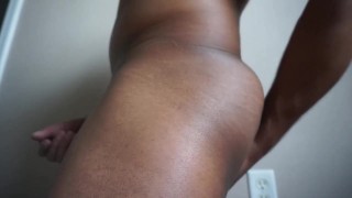 Black guy fingers ass and jerking off till cumshot