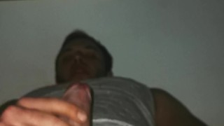 College guy jacks off big curved cock