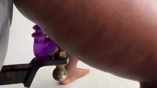 Riding and cumming on a dildo stuck on the trailer hitch outdoors