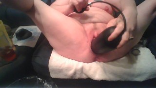 Pussy Stretching on BBW with Giant Black Inflatable Dildo and Apples BDSM