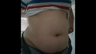 Bbw playing with huge belly while smoking
