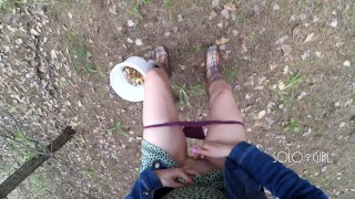 Innocent teen public play with pussy in the forest, masturbating outside