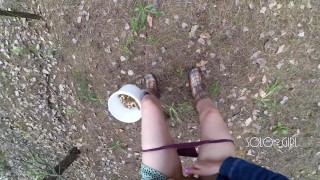 Innocent teen public play with pussy in the forest, masturbating outside