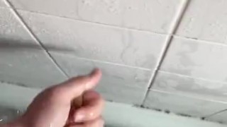 Playing with my hard wet dick in the shower with big cumshot 