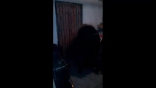 sissy in chastity suck and fuck dildo in dungeon