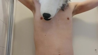 Bound pup holding his pee