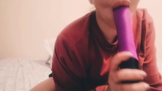For lack of a big cock I give a blowjob to my toy before putting it in