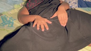 Horny ebony is so horny and plays with her hairy pussy until cums