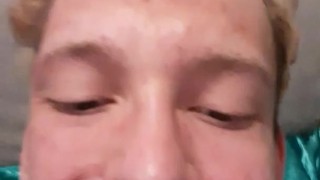 Very horny skinny teen cums in his mouth and has it dripping down his chin