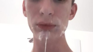 Very horny skinny teen cums in his mouth and has it dripping down his chin