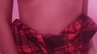Cute little asian teen in schoolgirl skirt rubbing hairy pussy for daddy