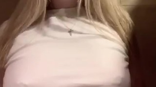 Titties bouncing in public restroom 